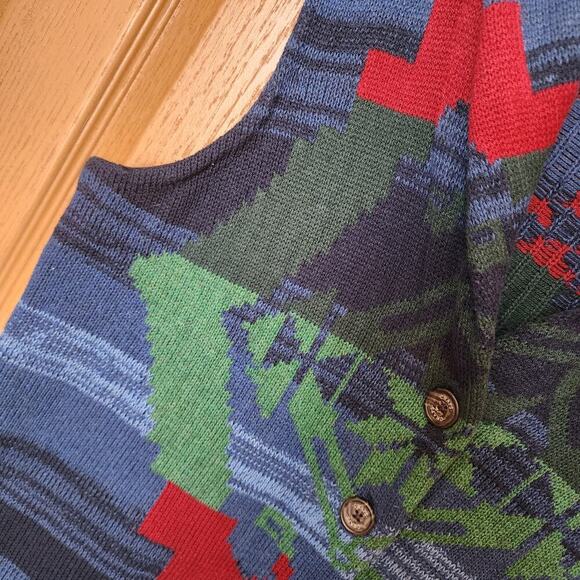 Chaps Navajo Southwestern Sweater Vest Women's Size XL Shawl Neck Button Blue - Picture 5 of 16